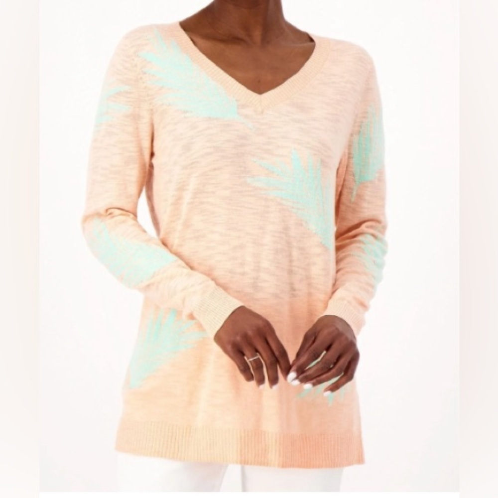 Denim & Co. - NEW - Beach Intarsia Sweater. A602902. Color: Pastel Peach Palm.